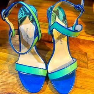 Beautiful blue heeled sandals with snakeskin detail and pretty color block